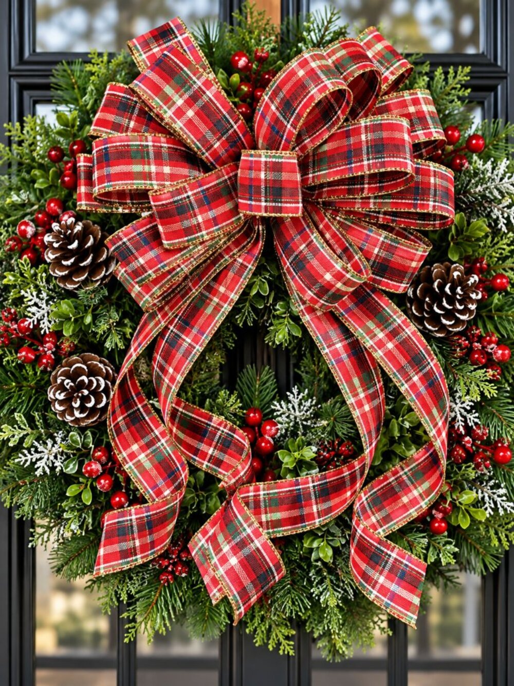 Christmas Tartan Plaid Bow in Red Green White Blue and Gold Plaid Handmade Wreat